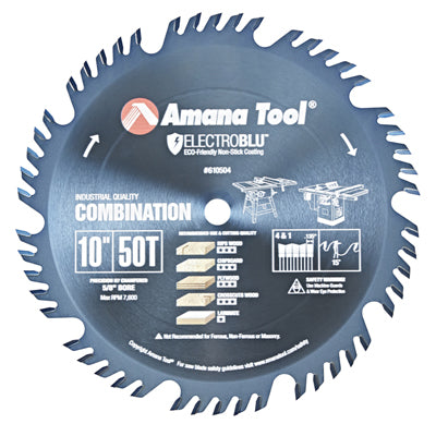 AMANA 610504C Electro-Blu™  Carbide Tipped Combination Ripping & Crosscut 10″ Dia, 50T 4+1, 15°, 5/8″ Bore