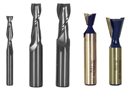 SFSSTD  - 1/4" (on 1/4" shank) , 3/8" and 1/2" solid carbide up spirals, 14° x 1/2" dovetail bit, 14° x 3/4" dovetail bit