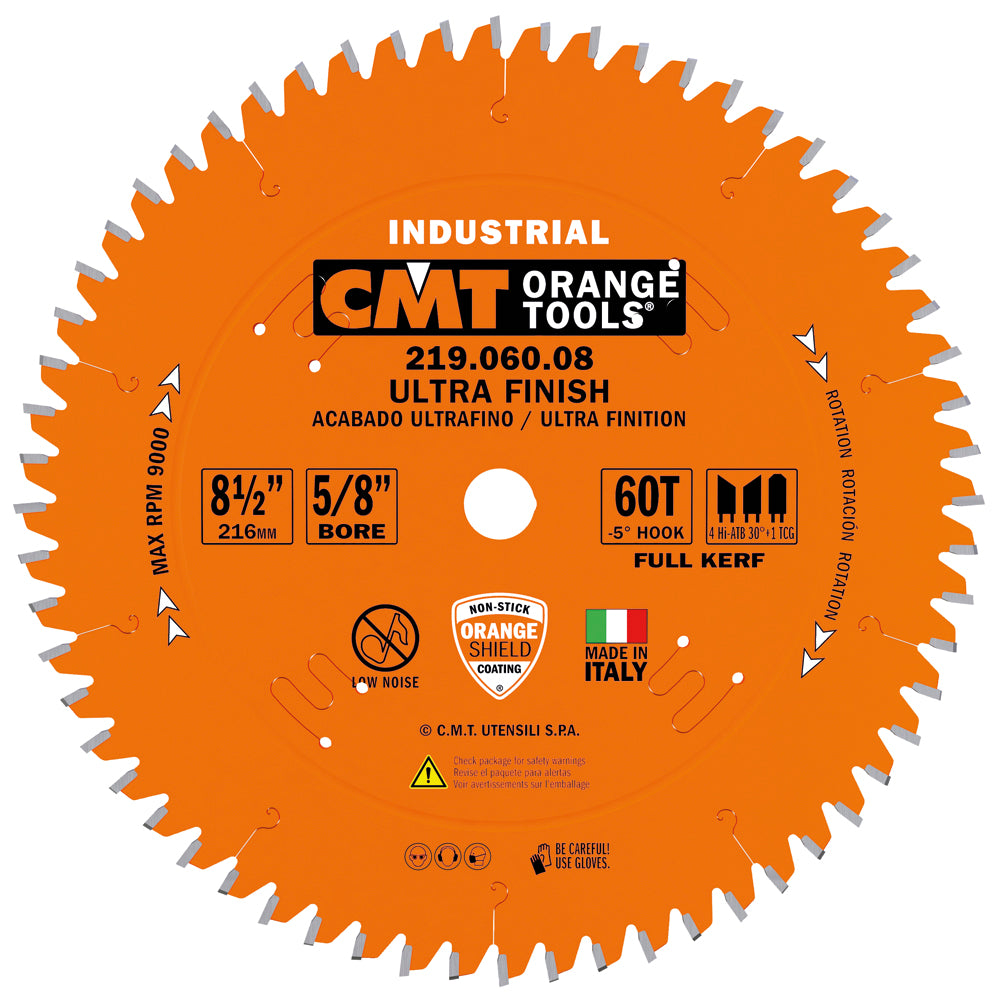 219.060.08 CMT 8-1/2″, 60 tooth, 4 Hi-ATB 30 + 1 TCG, 0.118 Kerf, 0.100 Plate, 5/8″ Bore