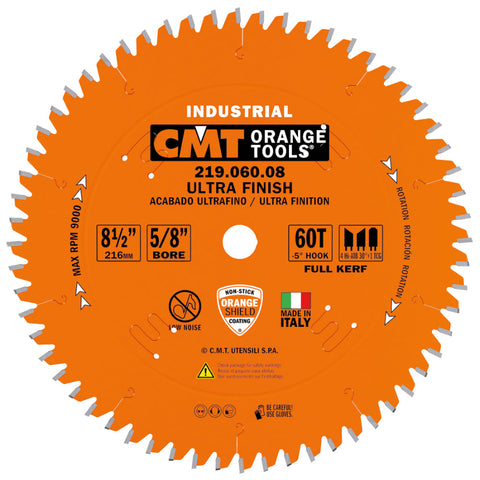 219.060.08 CMT 8-1/2″, 60 tooth, 4 Hi-ATB 30 + 1 TCG, 0.118 Kerf, 0.100 Plate, 5/8″ Bore