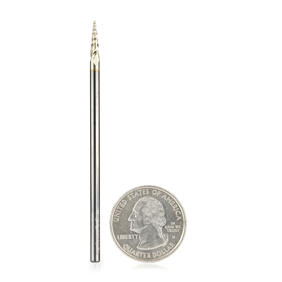 46291 CNC 2D & 3D Carving 6.2° Tapered Angle Ball Tip, 1/32″ Dia, 1/64″ Radius, 0.445″ Cut Length, 1/8″ Shank, 3 Flute Solid Carbide Up-Cut Spiral ZrN Coated Router Bit, 3″ OAL, Amana