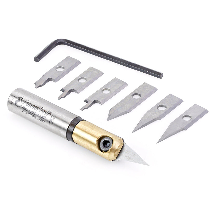 IN-GROOVE™ CNC INSERT ENGRAVING ROUTER BIT SYSTEM
AMS-209 In-Groove™ 8pc CNC Set, 1/2″ Shank