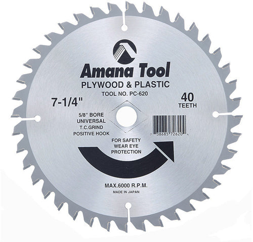 PC-620 Carbide Tipped Plywood & Plastic 7-1/4 Inch Dia x 40T TCG, 5/8 - Universal Bore Amana