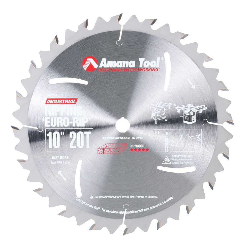 10" EURO RIP BLADES AMANA RB1020 Carbide Tipped Euro Rip w/Cooling Slots 10″ Dia, 20T FT, 18°, 5/8″ Bore
