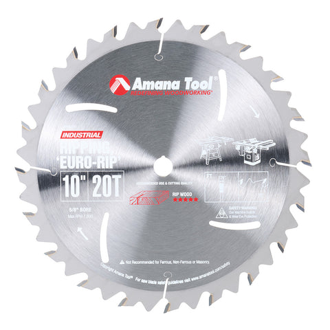 10" EURO RIP BLADES AMANA RB1020 Carbide Tipped Euro Rip w/Cooling Slots 10″ Dia, 20T FT, 18°, 5/8″ Bore