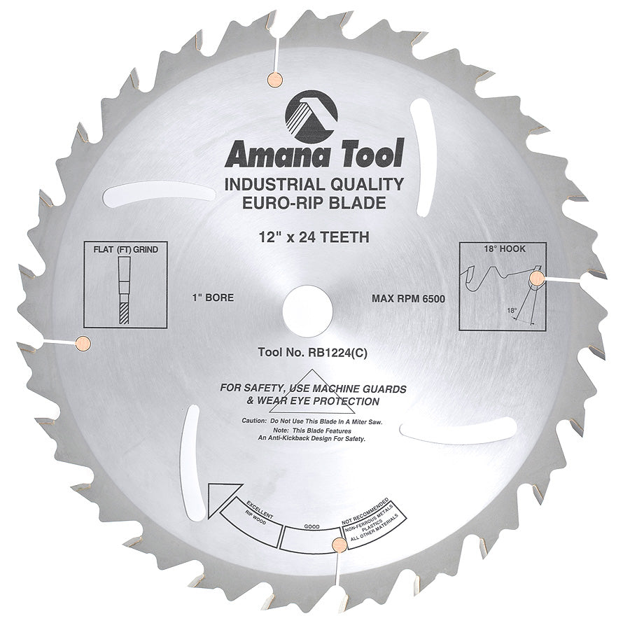 Amana RB1224 Carbide Tipped Ripping Standard 12″ Dia, 24T FT, 18°, 1″ Bore