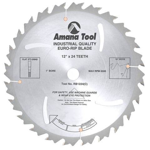 Amana RB1224 Carbide Tipped Ripping Standard 12″ Dia, 24T FT, 18°, 1″ Bore