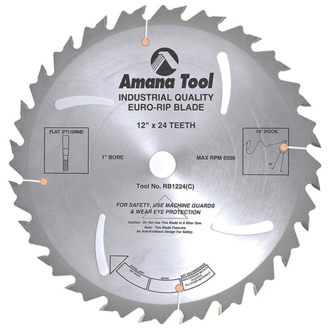 Amana RB1224 Carbide Tipped Ripping Standard 12″ Dia, 24T FT, 18°, 1″ Bore