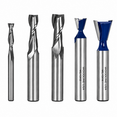 SFSSTD - 1/4" (on 1/4" shank) , 3/8" and 1/2" solid carbide up spirals, 14° x 1/2" dovetail bit, 14° x 3/4" dovetail bit