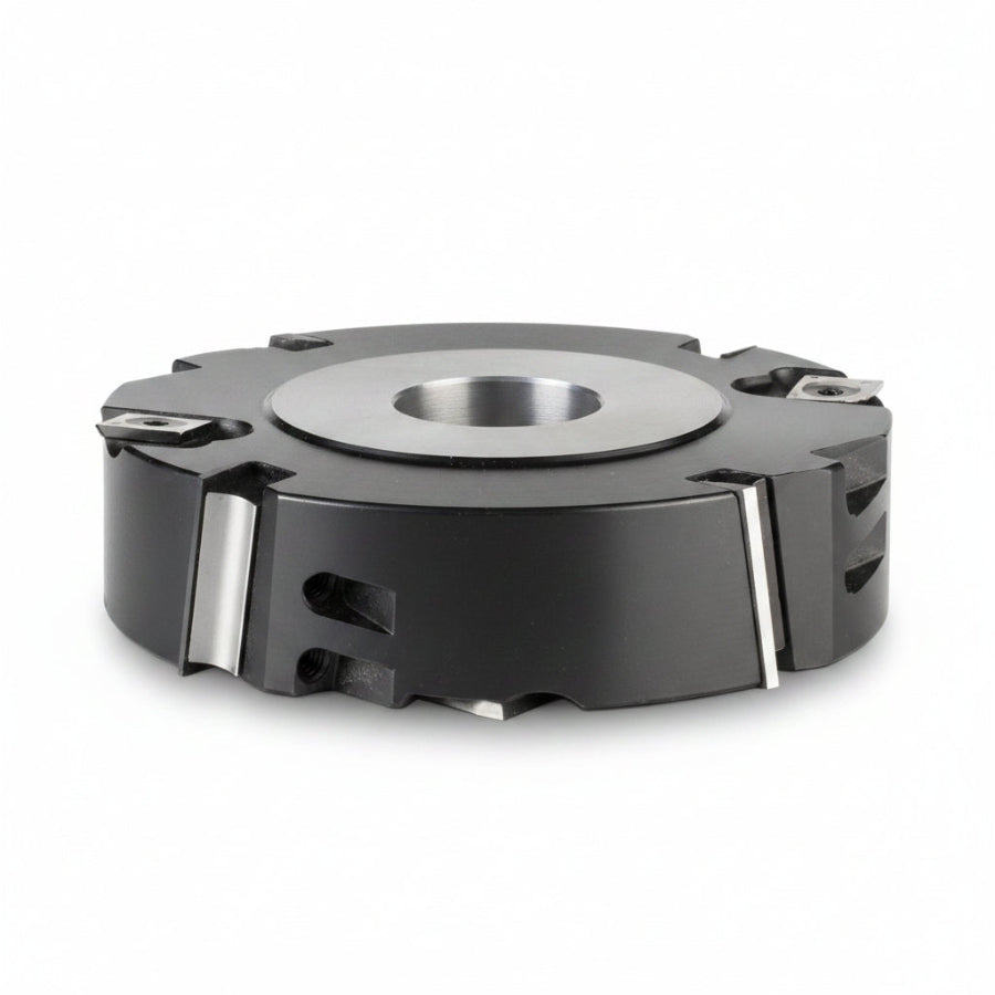 INSERT CABIDE SHEAR RABBETING SHAPER CUTTER 61480 Insert Carbide Shear Rabbeting 5" Dia, 1-3/16" Cutting Length, 1-1/16" Max Depth of Cut, 2 Straight + 4 Scoring Kinves, 1-1/4 Bore Steel Head
