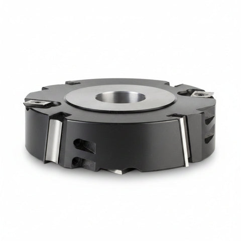 INSERT CABIDE SHEAR RABBETING SHAPER CUTTER 61480 Insert Carbide Shear Rabbeting 5" Dia, 1-3/16" Cutting Length, 1-1/16" Max Depth of Cut, 2 Straight + 4 Scoring Kinves, 1-1/4 Bore Steel Head
