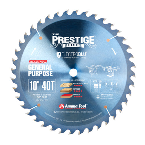 Amana PR1040C Electro-Blu™ Carbide Tipped Prestige General Purpose 10″ Dia, 40T ATB, 18°, 5/8″ Bore
