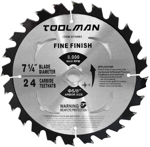 Toolman STH002 Carbide Tipped Fine Finish Blade 7-1/4″ Dia, 24T ATB, 15°. 0.078 K, 5/8″ Bore